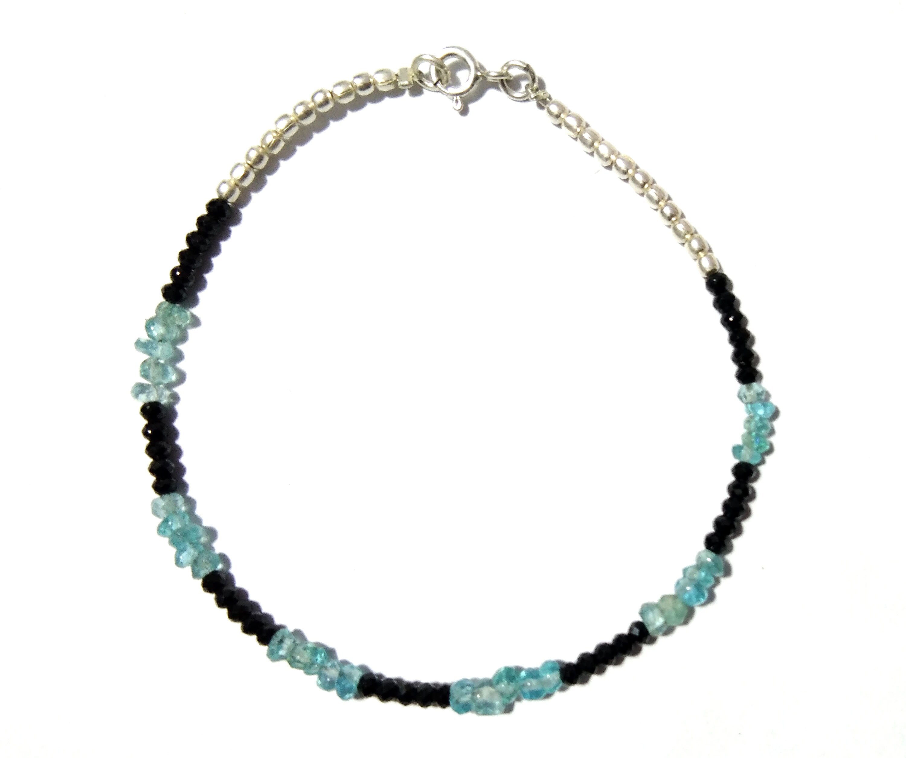 Apatite & Black Spinel Bracelet, Apatite Jewelry, Black Spinel Bracelet, May Birthstone, 925 Silver Wristlet Beaded Bracelet, Gift For Her